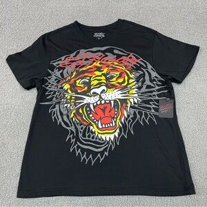 Ed Hardy Mens Tiger Head Graphic T Shirt Large Black Y2K Tattoo Shoer Sleeve